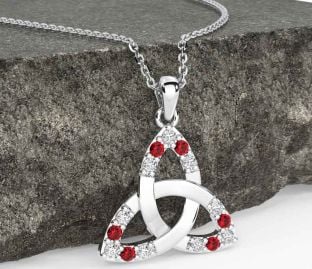 Diamond Ruby Silver Celtic Trinity Knot Necklace