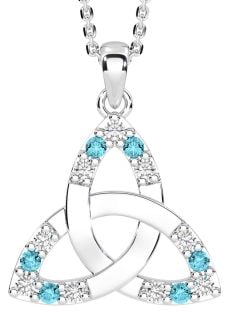 Diamond Aquamarine White Gold Celtic Trinity Knot Necklace