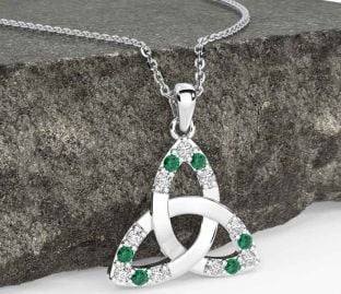 Diamond Emerald White Gold Celtic Trinity Knot Necklace