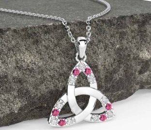 Diamond Pink Tourmaline White Gold Celtic Trinity Knot Necklace