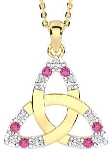 Diamond Pink Tourmaline Gold Celtic Trinity Knot Necklace