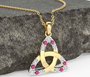 Diamond Pink Tourmaline Gold Celtic Trinity Knot Necklace