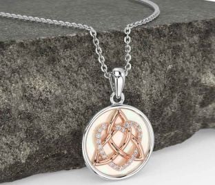 Diamond Rose Gold Silver Celtic Trinity Knot Heart Necklace
