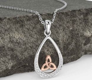 Diamond Rose Gold Silver Celtic Trinity Knot Necklace