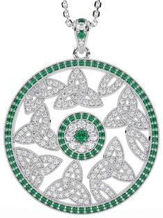 Diamond Emerald Silver Celtic Trinity Knot Necklace