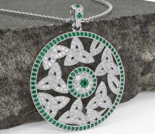 Diamond Emerald Silver Celtic Trinity Knot Necklace