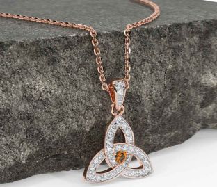 Diamond Citrine Rose Gold Silver Celtic Trinity Knot Necklace