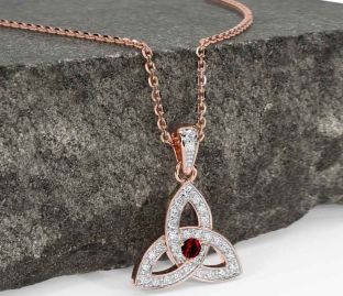 Diamond Garnet Rose Gold Silver Celtic Trinity Knot Necklace
