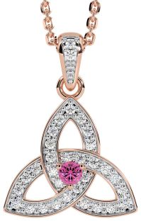 Diamond Pink Tourmaline Rose Gold Silver Celtic Trinity Knot Necklace