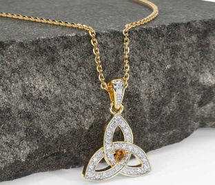 Diamond Citrine Gold Silver Celtic Trinity Knot Necklace