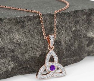 Diamond Amethyst Rose Gold Celtic Trinity Knot Necklace