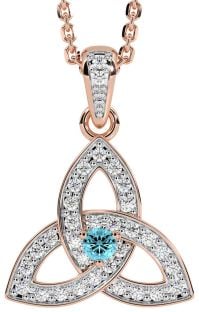 Diamond Aquamarine Rose Gold Celtic Trinity Knot Necklace