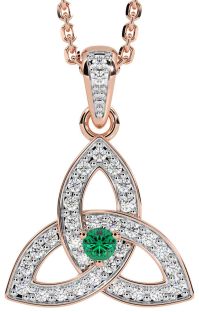 Diamond Emerald Rose Gold Celtic Trinity Knot Necklace