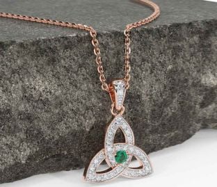 Diamond Emerald Rose Gold Celtic Trinity Knot Necklace