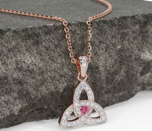 Diamond Pink Tourmaline Rose Gold Celtic Trinity Knot Necklace