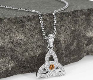 Diamond Citrine Silver Celtic Trinity Knot Necklace