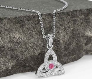 Diamond Pink Tourmaline Silver Celtic Trinity Knot Necklace