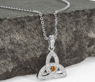 Diamond Citrine White Gold Celtic Trinity Knot Necklace