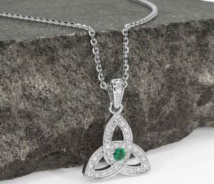 Diamond Emerald White Gold Celtic Trinity Knot Necklace