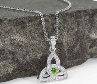 Diamond Peridot White Gold Celtic Trinity Knot Necklace