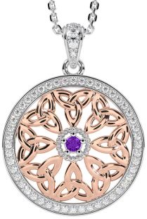 Diamond Amethyst Rose Gold Silver Celtic Trinity Knot Necklace