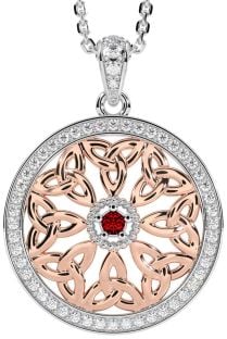 Diamond Garnet Rose Gold Silver Celtic Trinity Knot Necklace