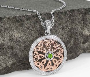 Diamond Peridot Rose Gold Silver Celtic Trinity Knot Necklace