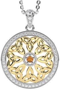 Diamond Citrine Gold Silver Celtic Trinity Knot Necklace