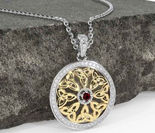Diamond Garnet Gold Silver Celtic Trinity Knot Necklace