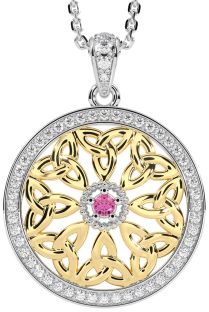 Diamond Pink Tourmaline Gold Silver Celtic Trinity Knot Necklace