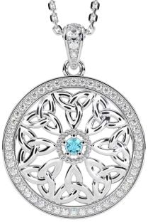 Diamond Aquamarine Silver Celtic Trinity Knot Necklace