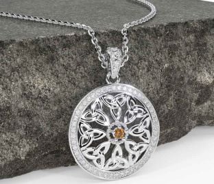 Diamond Citrine Silver Celtic Trinity Knot Necklace