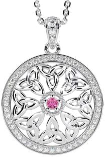 Diamond Pink Tourmaline Silver Celtic Trinity Knot Necklace