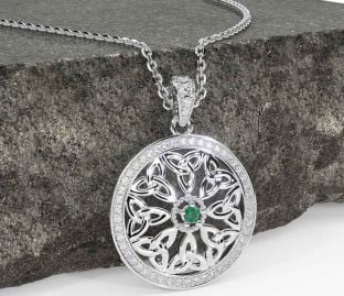 Diamond Emerald White Gold Celtic Trinity Knot Necklace