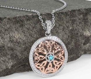 Diamond Aquamarine White Rose Gold Celtic Trinity Knot Necklace