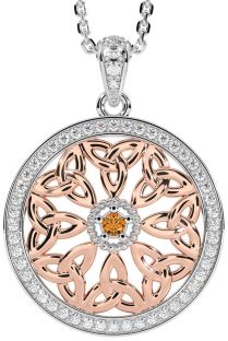 Diamond Citrine White Rose Gold Celtic Trinity Knot Necklace