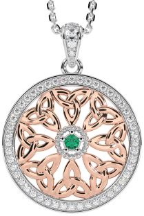 Diamond Emerald White Rose Gold Celtic Trinity Knot Necklace