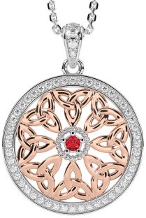 Diamond Ruby White Rose Gold Celtic Trinity Knot Necklace