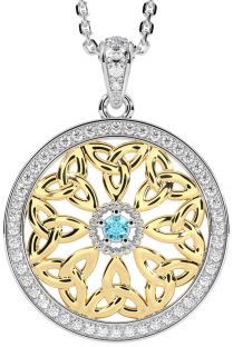 Diamond Aquamarine White Yellow Gold Celtic Trinity Knot Necklace