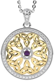 Diamond Alexandrite White Yellow Gold Celtic Trinity Knot Necklace