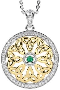 Diamond Emerald White Yellow Gold Celtic Trinity Knot Necklace