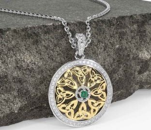 Diamond Emerald White Yellow Gold Celtic Trinity Knot Necklace