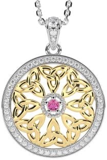 Diamond Pink Tourmaline White Yellow Gold Celtic Trinity Knot Necklace