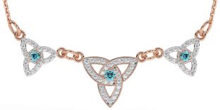 Diamond Aquamarine Rose Gold Silver Celtic Trinity Knot Necklace