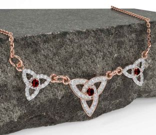 Diamond Garnet Rose Gold Silver Celtic Trinity Knot Necklace