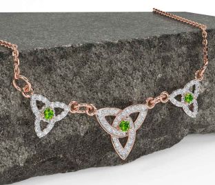 Diamond Peridot Rose Gold Silver Celtic Trinity Knot Necklace