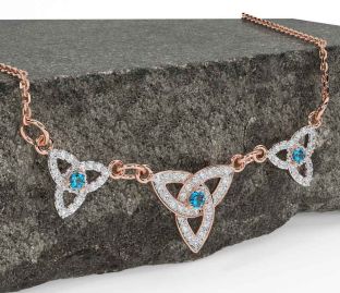 Diamond Topaz Rose Gold Silver Celtic Trinity Knot Necklace