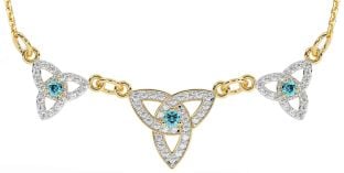 Diamond Aquamarine Gold Silver Celtic Trinity Knot Necklace