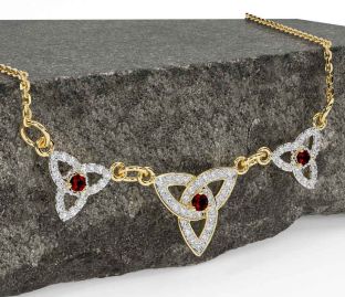 Diamond Garnet Gold Silver Celtic Trinity Knot Necklace