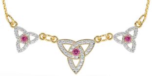 Diamond Pink Tourmaline Gold Silver Celtic Trinity Knot Necklace